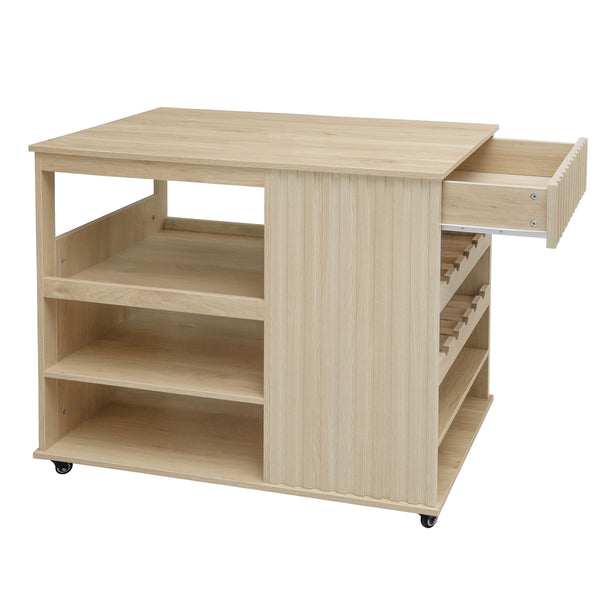 English Elm Kitchen Island Cart with Fluted Carved Finish, Locking Casters, Smooth Metal Slide Drawers & Wine Rack - Mobile Storage for Kitchen Dining Bar (45.67"x26.7") W688P194208