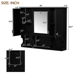 English Elm 35'' Modern Wall-Mounted Medicine Cabinet with Mirror, Hidden Storage and Open Shelves for Bath Black N710P209443B