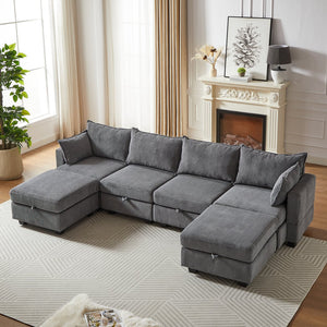 English Elm 113.5'' Modular Sectional Sofa with Storage Ottoman, Convertible U or L Shape Sleeper for 6 Seats Dark Gray W834S00252
