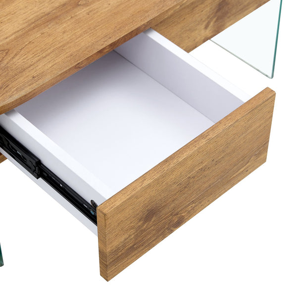 English Elm Coffee modern wood coffee table with double drawers, tempered glass sides, sleek storage & easy assembly W1151P191785