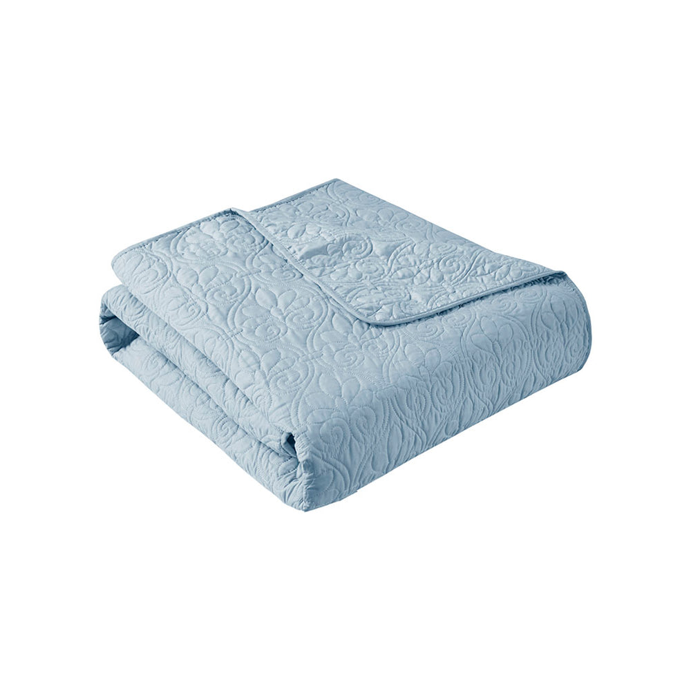 JLA Home Madison Park - Oversized Quilted Throw with Quebec Stitch Pattern, Plush Cotton Fill for Cozy Layering & Décor Texture Blue MP50-2988