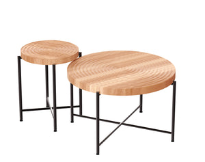 English Elm 2-Piece Rustic Coffee and End Table Set with Waterproof MDF Tops, Distressed Cylindrical Wood Look Natural Wood+Brown B2735P269979
