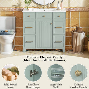 English Elm 36" 36-inch Transitional Bathroom Vanity with Ceramic Basin, Solid Wood Frame, Soft-Close Storage Elegance Green N729P255663G