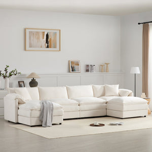 English Elm [new U-shaped Chenille Cloud Sectional 6 Seat Modular Sofa with Movable Ottoman White N723S6546W