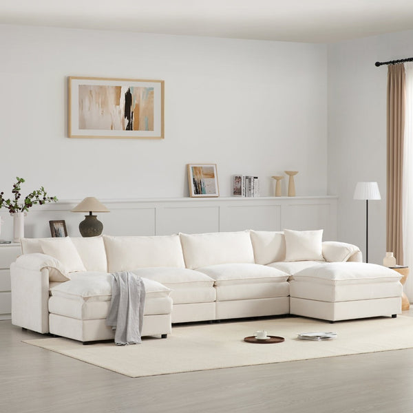 English Elm [new U-shaped Chenille Cloud Sectional 6 Seat Modular Sofa with Movable Ottoman White N723S6546W