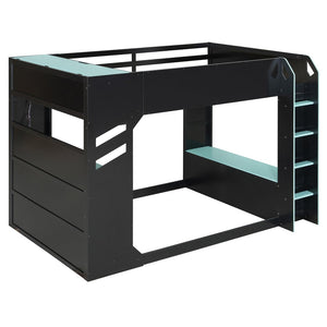 English Elm Full Size Loft Bed with Rgb Lighting Desk Drawers Hanging Rod Teen Bedroom Blue LT000288AAC-1