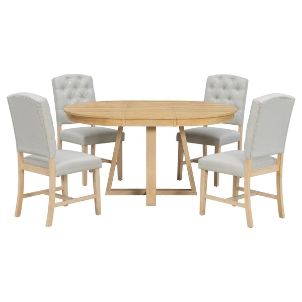 English Elm Trexm Retro 5 Piece Extendable Round Dining Set with Button Tufted Upholstered Chairs Natural ST000094AAN-2026