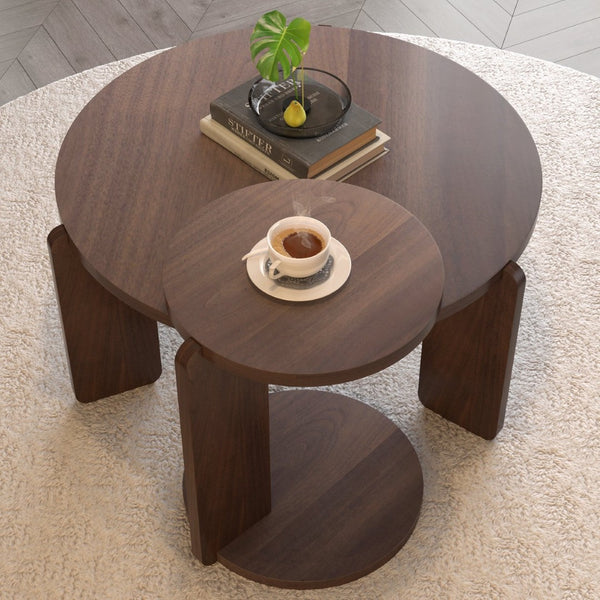 English Elm 32.68 Inch Black Oak Veneer Nesting Round Coffee Table Set for Modern Living Rooms W2899P435700