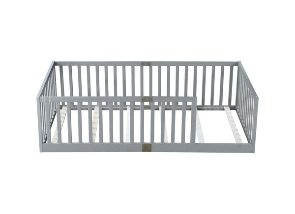 English Elm Twin House Frame Floor Bed Rubberwood with Roof Canopy and Safety Rails for Kids Grey W504P429529