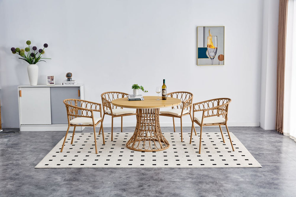 English Elm Outdoor Bamboo Dining Table Set 110cm Round Antique Brown PE Rattan Accents Durable Stylish Outdoor W370S00044