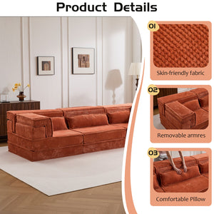 English Elm Compression Modular Sofa Bed - Oversized Convertible Sectional With Plush Fleece & 3 Pillows, Orange W3723S00018