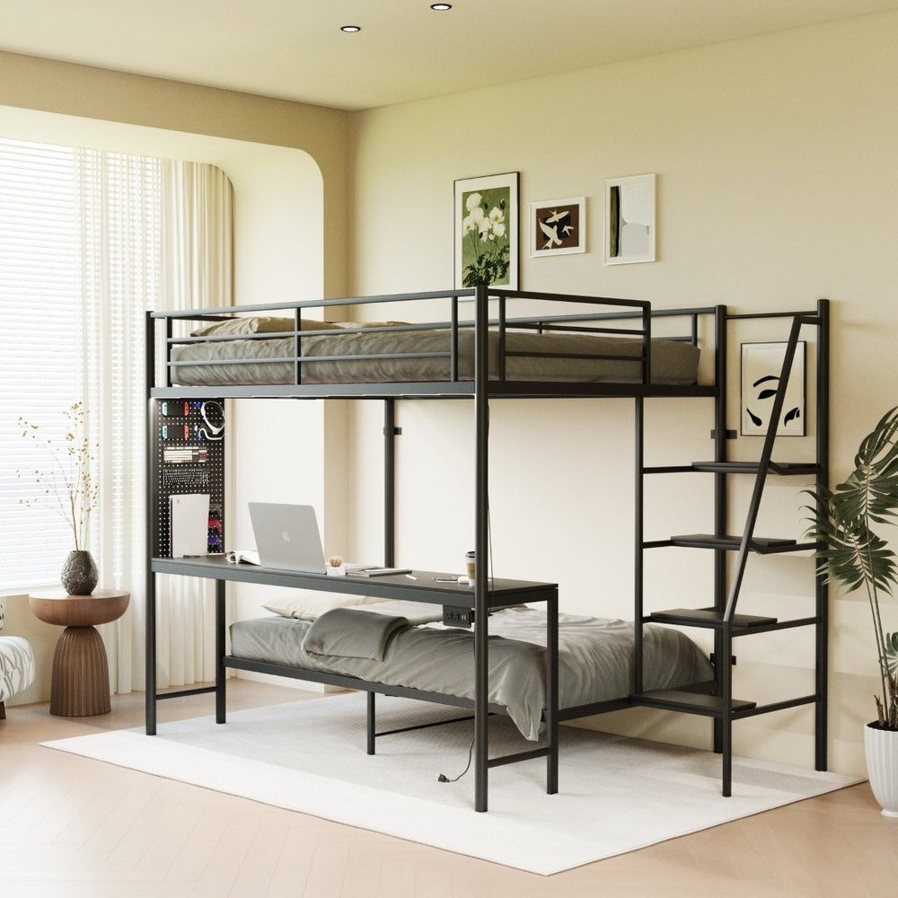 English Elm Black Metal Loft Bed with Built-in Desk Rgb Led Lighting and Charging Station Black W1671S00009