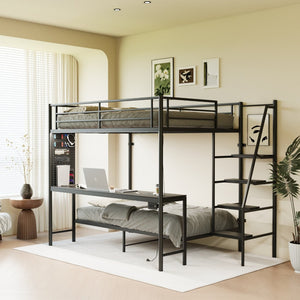English Elm Black Metal Loft Bed with Built-in Desk Rgb Led Lighting and Charging Station Black W1671S00009