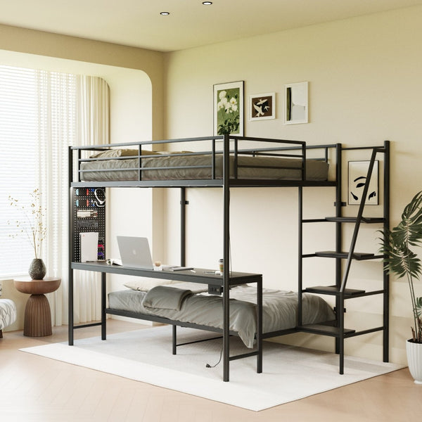 English Elm Black Metal Loft Bed with Built-in Desk Rgb Led Lighting and Charging Station Black W1671S00009