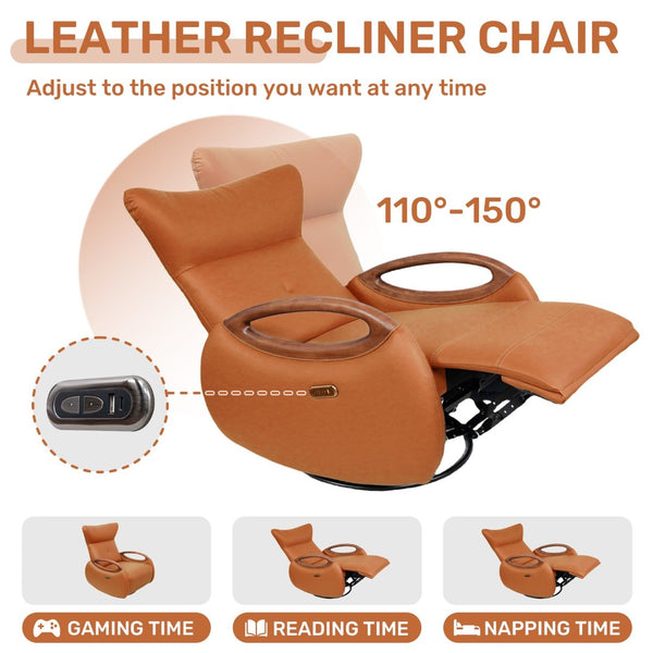 English Elm Power Reclining Swivel Chair Eco Leather Oak Armrests 260 Degree Lounge Seating Orange W3795P502502