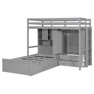 English Elm Twin Bunk Bed with Wardrobe Drawers Hydraulic Lift Shelves Kids Storage Gray LT000666AAE-1