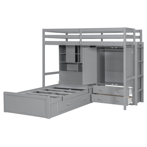 English Elm Twin Bunk Bed with Wardrobe Drawers Hydraulic Lift Shelves Kids Storage Gray LT000666AAE-1