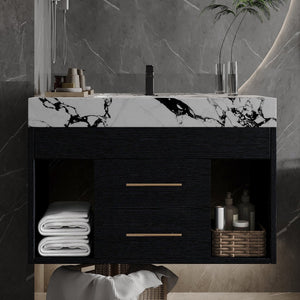 English Elm 29.9" Floating Bathroom Vanity Sintered Stone Top Soft Close Drawers Bronze Gold Hardware Black,Black White W3136S00036