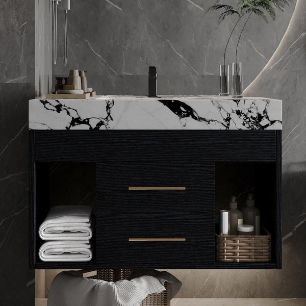 English Elm 29.9" Floating Bathroom Vanity Sintered Stone Top Soft Close Drawers Bronze Gold Hardware Black,Black White W3136S00036