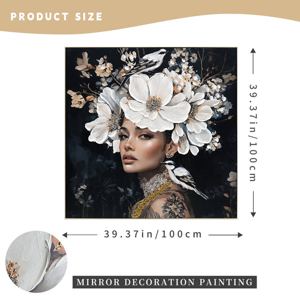 English Elm Floral Black White Woman Canvas Art with Bird Tattoo Portrait — Modern Aesthetic Oil Print for Home Decor W3374P322231