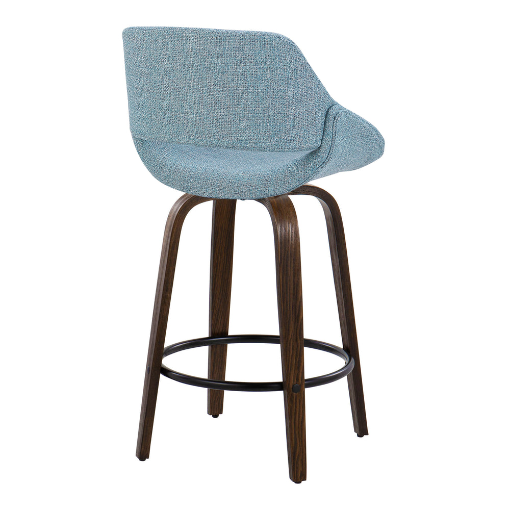 English Elm Fabrico Mid-Century Counter Stool Set of 2 — 26" Fixed Height Swivel Seats, Walnut Legs, Blue Fabric, Footrest B202S00247