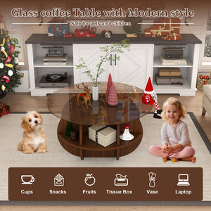 English Elm Round Coffee Table with 4-Tier Storage, 31.5" Modern Farmhouse Walnut MDF & Tempered Glass Top W2700P363937