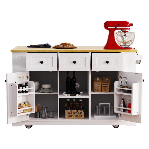 English Elm K&k 53 Inch Rolling Kitchen Island with Drop Leaf Power Outlet and Open Storage Racks White N707S185531W