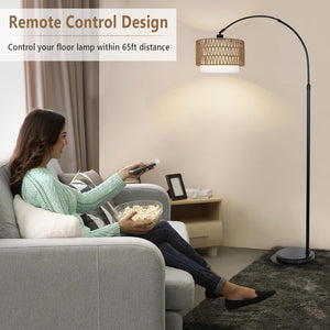 English Elm Arc Rattan Arc Floor Lamp with Remote & Dimmable LED, Height Adjustable, Boho Farmhouse Glow Brown+Black W2738P227438