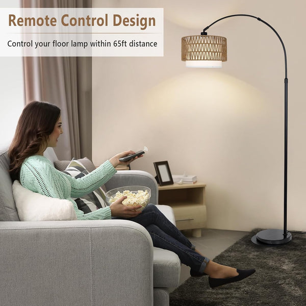 English Elm Arc Rattan Arc Floor Lamp with Remote & Dimmable LED, Height Adjustable, Boho Farmhouse Glow Brown+Black W2738P227438