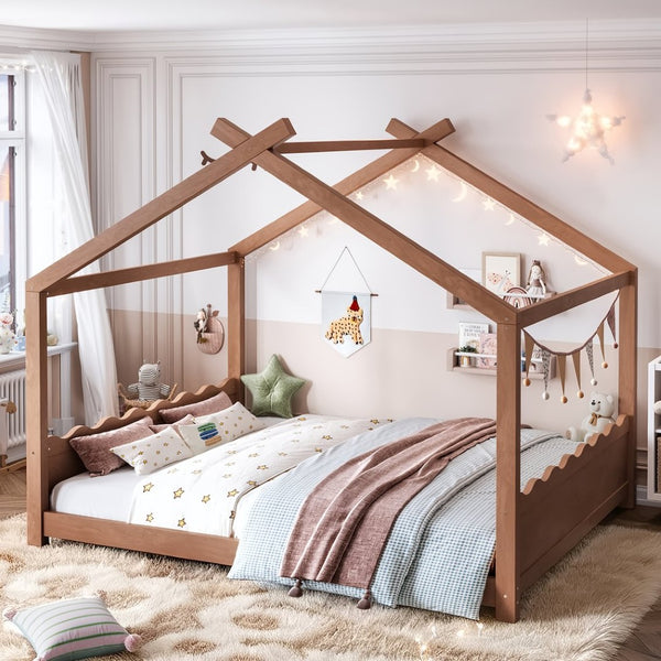 English Elm Queen House Shaped Floor Bed Solid Pine Frame Montessori Kids Bedroom No Box Spring W1580P438812