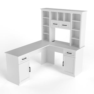 English Elm L-shaped Home Office Desk with Open Shelves Flip Shelf Cabinets and Drawer Storage White W1580S00492