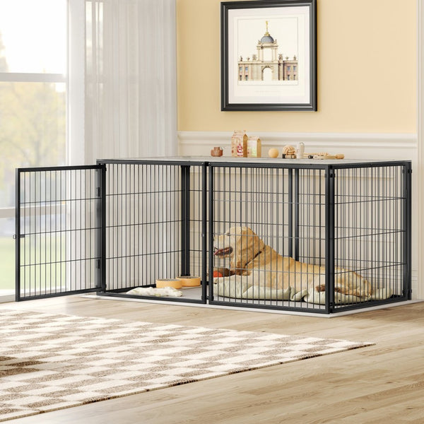English Elm Large Iron Wire Dog Kennel with Top Cover Modular Indoor Pet Enclosure Matte Black W1820P456878