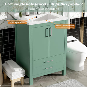 English Elm 24'' Green Bathroom Vanity with Ceramic Sink Combo — Modern Freestanding MDF & Solid Wood Storage, Soft-Close Doors, Silver Handles N710P228364F
