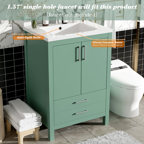 English Elm 24'' Green Bathroom Vanity with Ceramic Sink Combo — Modern Freestanding MDF & Solid Wood Storage, Soft-Close Doors, Silver Handles N710P228364F