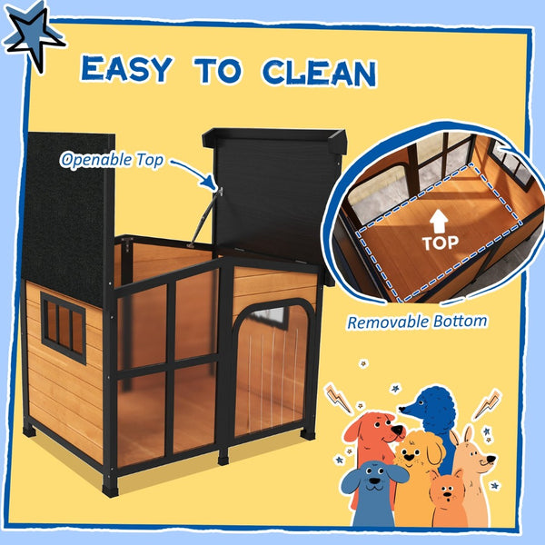 English Elm Pawhut Cabin Style Wooden Outdoor Dog House with Asphalt Roof and Openable Top W2225P249729