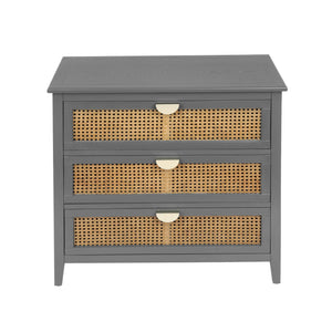 English Elm 3 Drawer Cabinet Solid Wood Veneer & Natural Rattan Finish, Hand-Painted Detail, Anti-Slip Feet for Bedroom Living Room Study (34x18x10 in) Gray W68858065