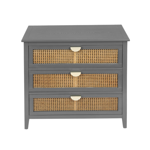 English Elm 3 Drawer Cabinet Solid Wood Veneer & Natural Rattan Finish, Hand-Painted Detail, Anti-Slip Feet for Bedroom Living Room Study (34x18x10 in) Gray W68858065