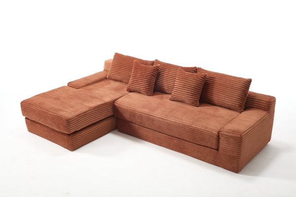 English Elm Memory foam L-shaped compression sofa bed with corduroy upholstery, modular no-assembly design, cloud comfort and space-saving functionality for apartments and home theaters Orange W2959S00009