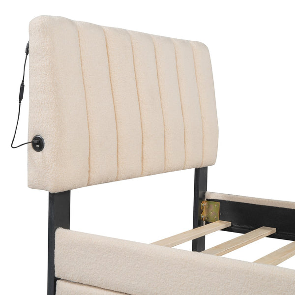 English Elm Teddy Twin Upholstered Platform Bed with Trundle, LED Smart Lighting, Plush Fleece, Sturdy Design Beige SF000055AAA