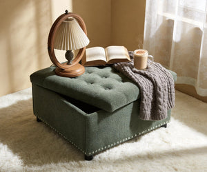English Elm Storage Ottoman Tufted Nailhead Trim Lift Top Footstool for Living Room or Bedroom Green W5568P447090