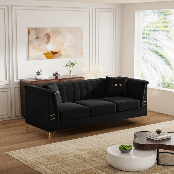 English Elm Fx-P82-Bk3 Velvet 3-Seater Sofa With Throw Pillows - Modern Comfort For Living Rooms & Offices W576S00221