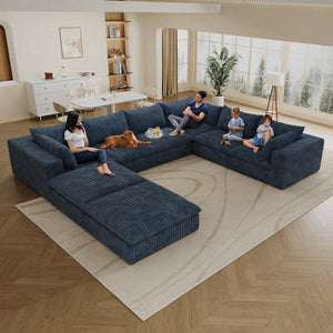 English Elm 157.6" Corduroy Modular Cloud Sofa Feather Fill Deep Lounge Seating for Living Room Blue W2824S00158