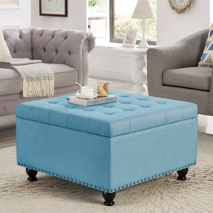 English Elm Large tufted storage ottoman with wooden legs, button detail & nail trim — roomy linen seat with hidden space W2186P164303