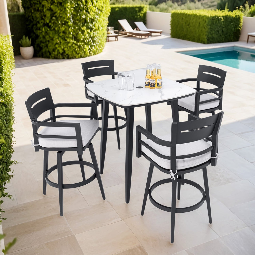English Elm Modern Outdoor 5Pc Bar Set - Stylish Round Sintered Stone Table & 4 Swivel Chairs For Entertaining W1886S00023