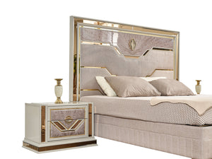 English Elm Omari Modern 4-Piece Queen Bedroom Set With Hydraulic Storage Bed & Gold Accents In Elegant Beige B009S01395