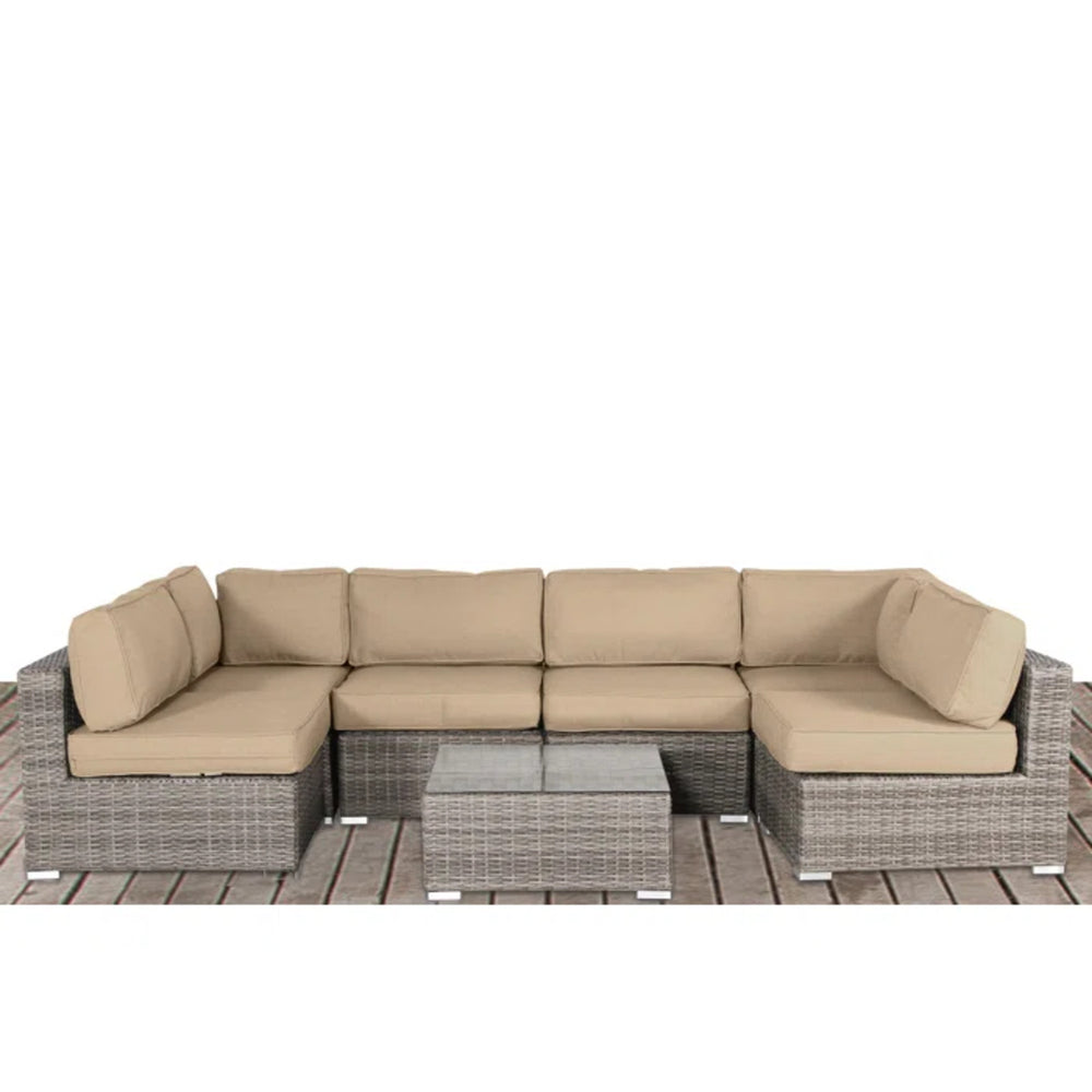 English Elm All-Weather 7-Piece Wicker Sectional Set with 14 Cushions, Glass Table, 5" Plush Seats, Pre-Assembled B120S00140