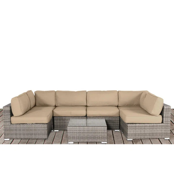 English Elm All-Weather 7-Piece Wicker Sectional Set with 14 Cushions, Glass Table, 5" Plush Seats, Pre-Assembled B120S00140