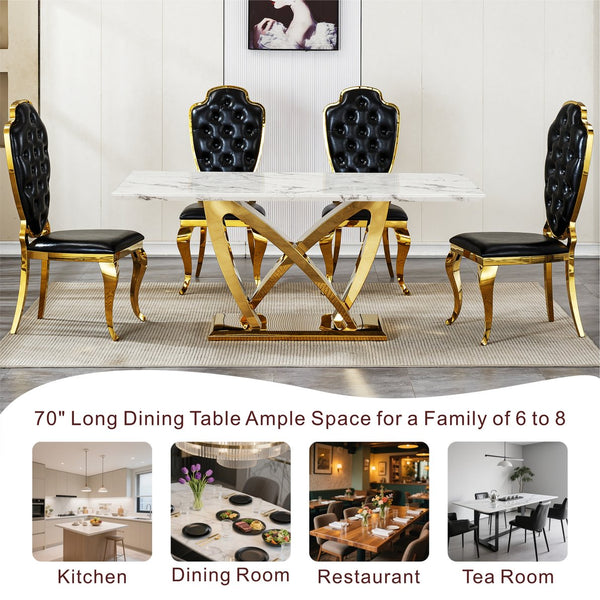 English Elm Marble Dining Table For 6-8 People, Luxurious Faux Marble Top With Gold Mirrored Base, Modern Design W3456S00052