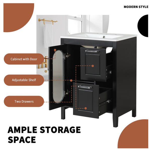 English Elm 24" Modern Bathroom Vanity with Ceramic Sink, Solid Wood & MDF Cabinet, Two Drawers, Shelf Black N725P245273B