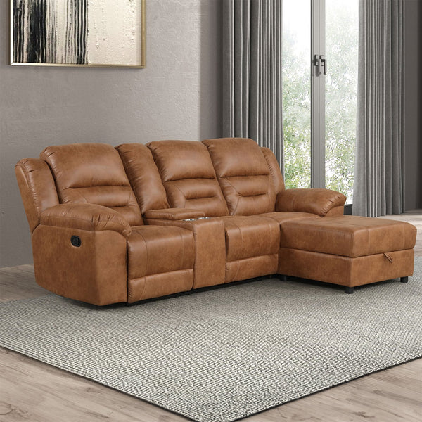 English Elm Contemporary Saddle Brown Leatherette 2pc Sectional Sofa with Console, Chaise Storage, 2 Recliners, Adjustable Backrest B2741S00322